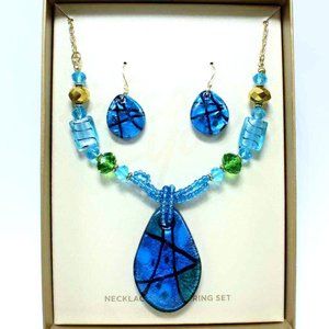 Erica Lyons Set Necklace & Earrings Glass Blue Green Aqua Gold 20" Gift Box NWT